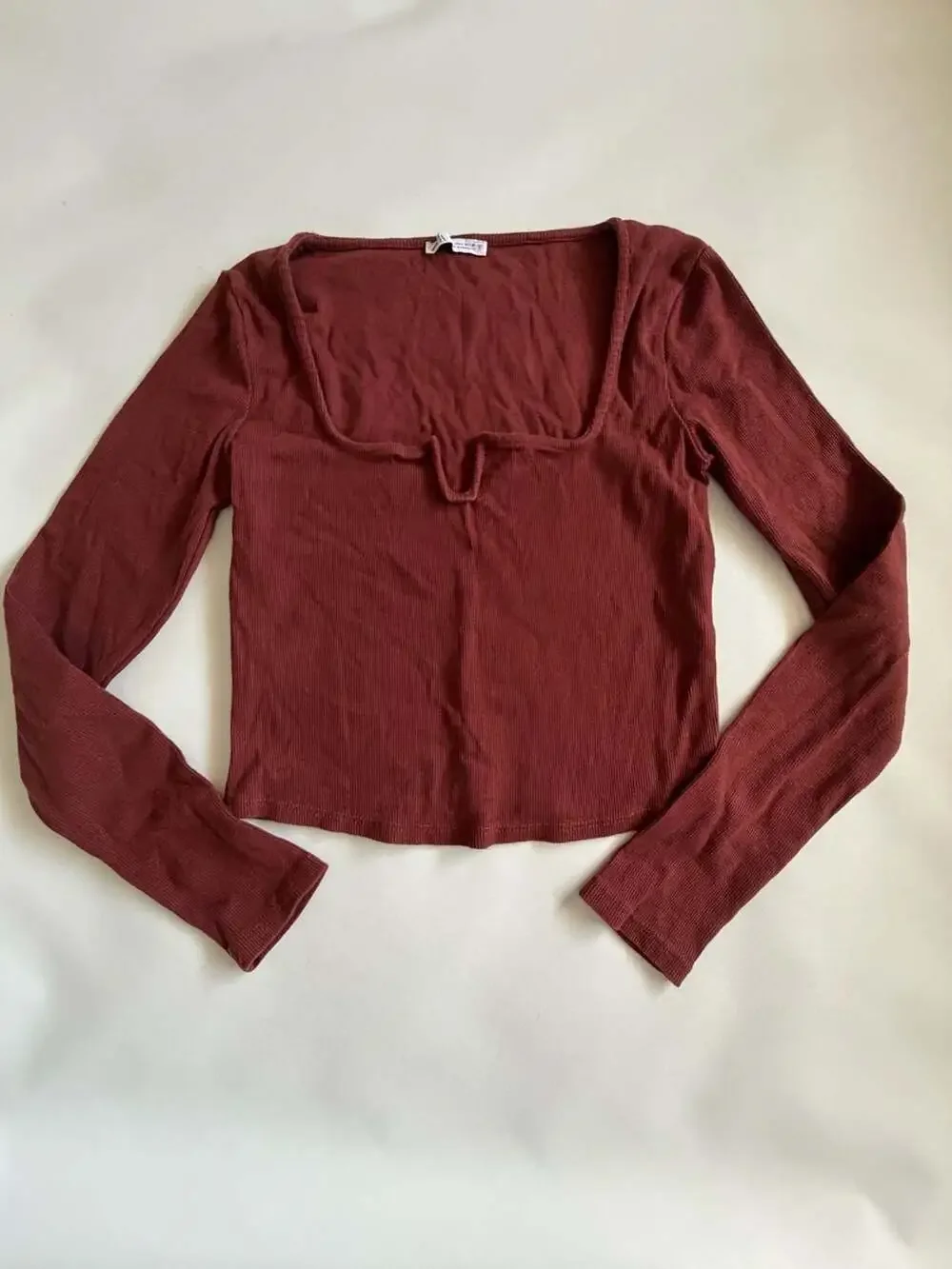Zara Top L Burgundy Ribbed Square Neck Notch Long Sleeve Crop